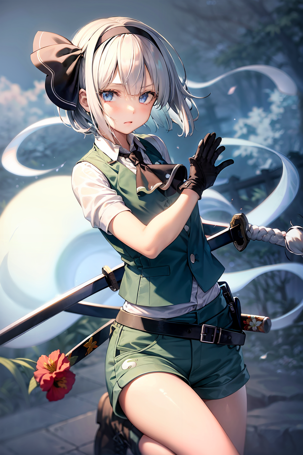 00842-3465085638-masterpiece, best quality,  _lora_youmu_1_,solo, weapon, sword, 1girl, konpaku youmu, white hair, belt, shorts, alternate costum.png